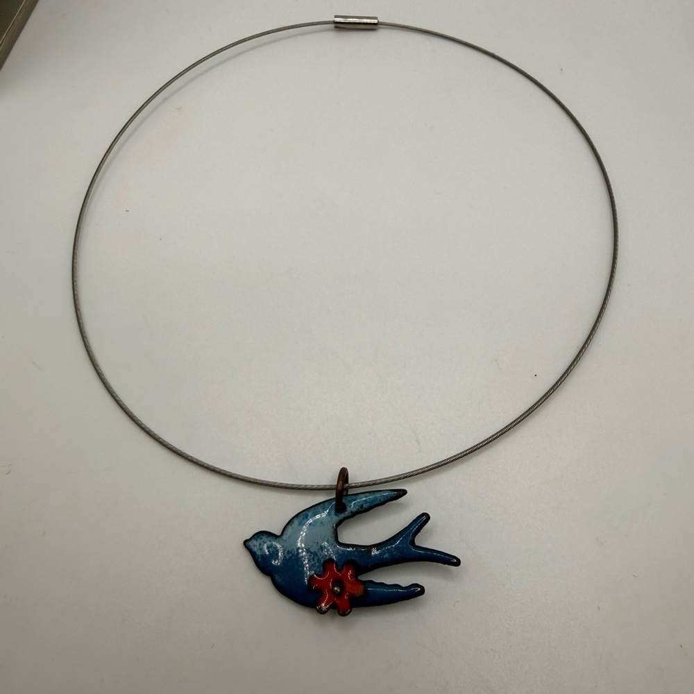 Artisan Enamel Swallow Pendant Necklace – Blue Bird on Steel Cable Choker